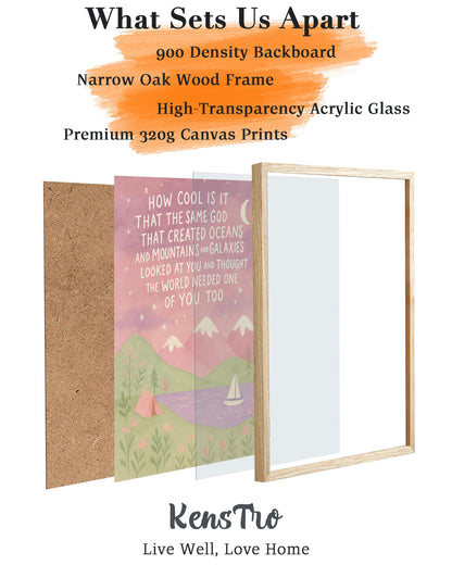 KensTro Natural OAK Wood Same God Creation Framed Wall Art,12x16in Inspirational Christian Bible Canvas Art,Mountain Nursery Decor,Pink Set of 1 for Christian Girl Bedroom Dorm for Girly Adoption Gift