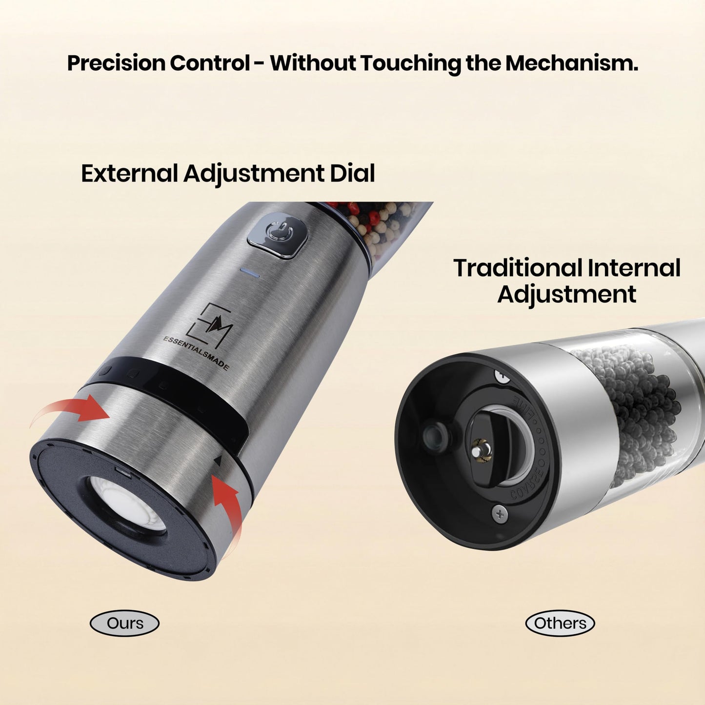 Essentialsmade Electric Salt and Pepper Grinder Set – Rechargeable Stainless Steel Mills – Upgraded 800mAh Battery, Large 200ml Capacity, & 5 Adjustable Coarseness Levels – Kitchen Seasoning Tools