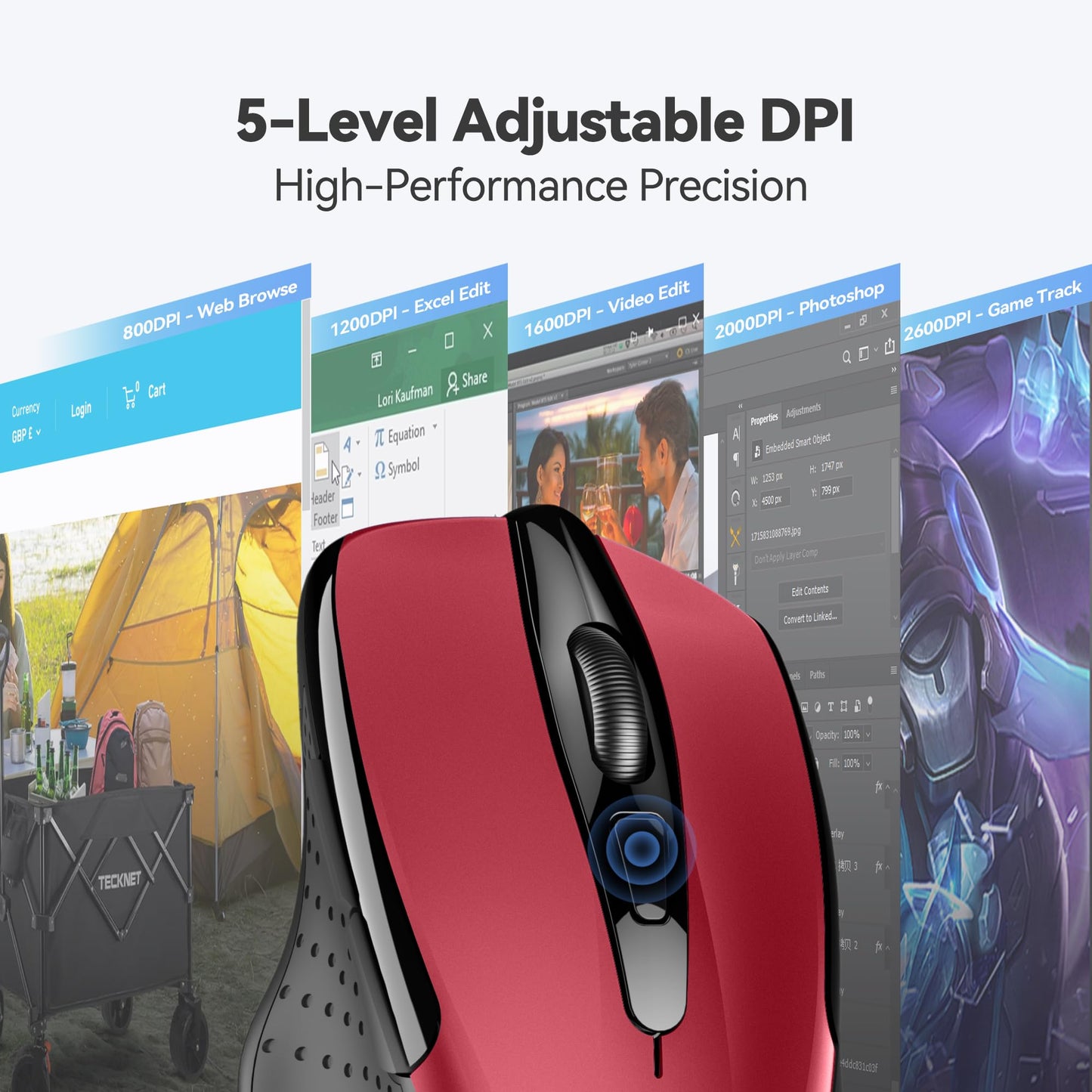 TECKNET Wireless Mouse, 2.4G Ergonomic Optical Mouse, Computer Mouse for Laptop, PC, Computer, Chromebook, Notebook, 6 Buttons, 24 Months Battery Life, 2600 DPI, 5 Adjustment Levels