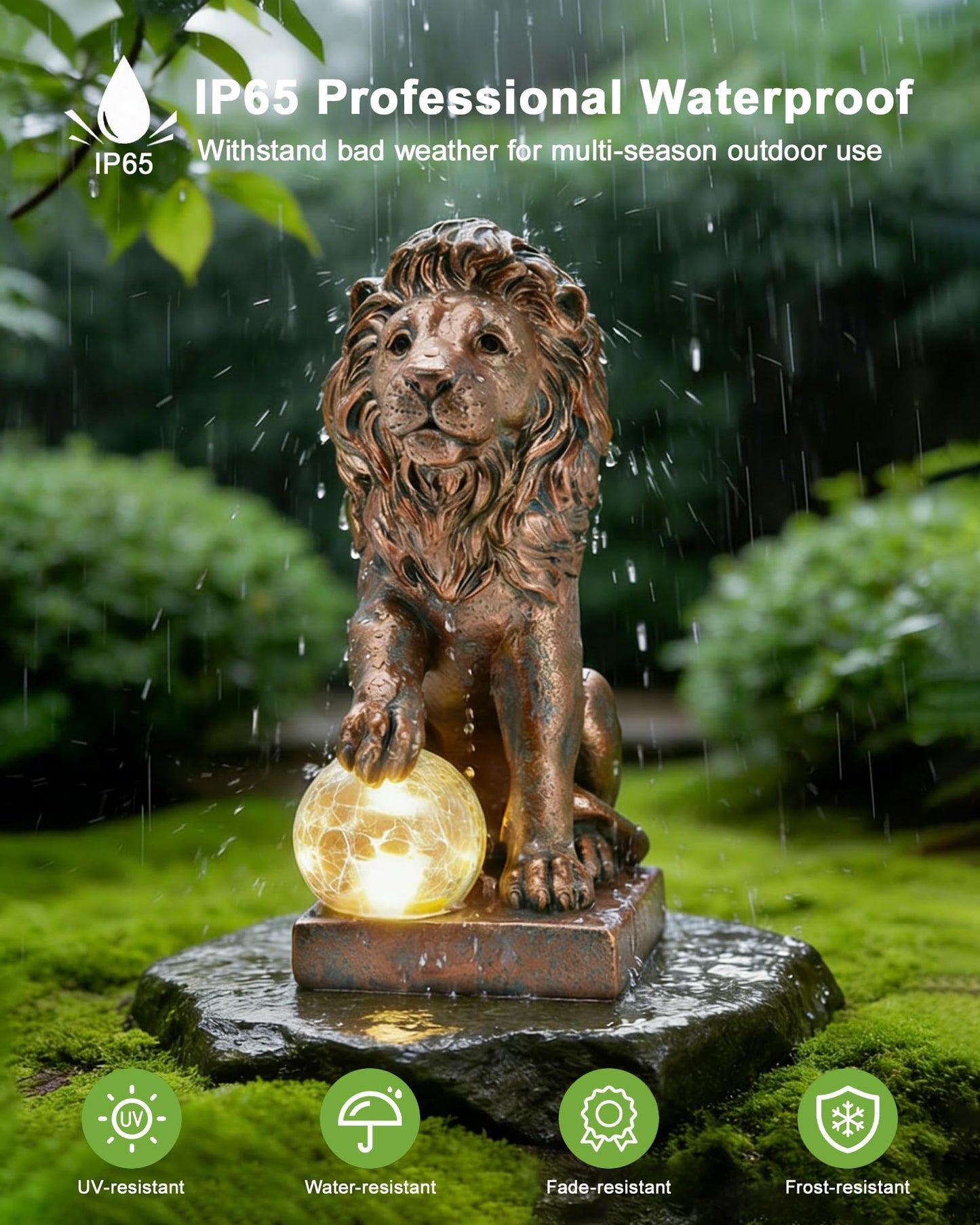 Nacome Guardian Lion Garden Decor: Outdoor Decoration Statue with Ball Lights for Yard Art Porch Patio Balcony - Unique Birthday Choice for Women Mom Lover - 9.45in (Copper)