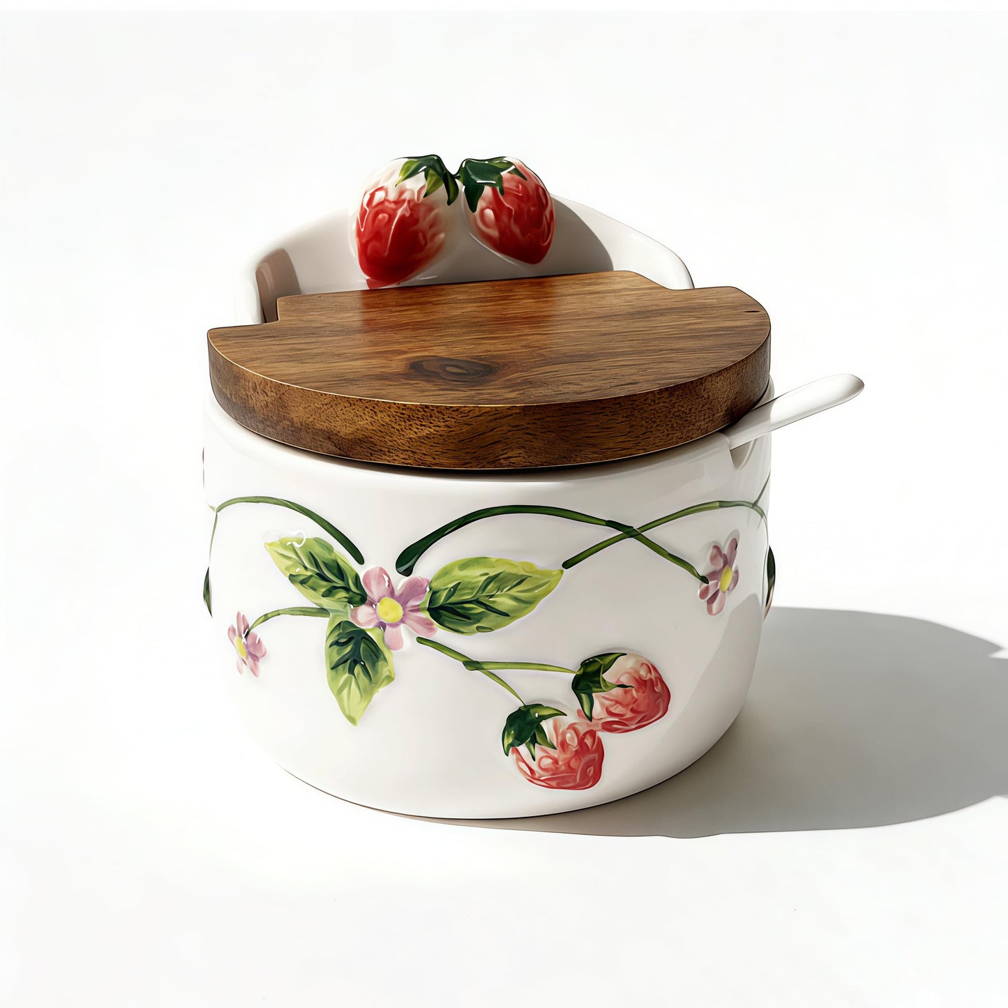 Salt Cellar, 13.5 oz Ceramic Salt Cellar with Lid and Spoon - Strawberry 3D Relief Design Seasoning Jar with Acacia Wood Lid, Suitable for Salt, Sugar, Pepper - Kitchen Countertop Storage Container