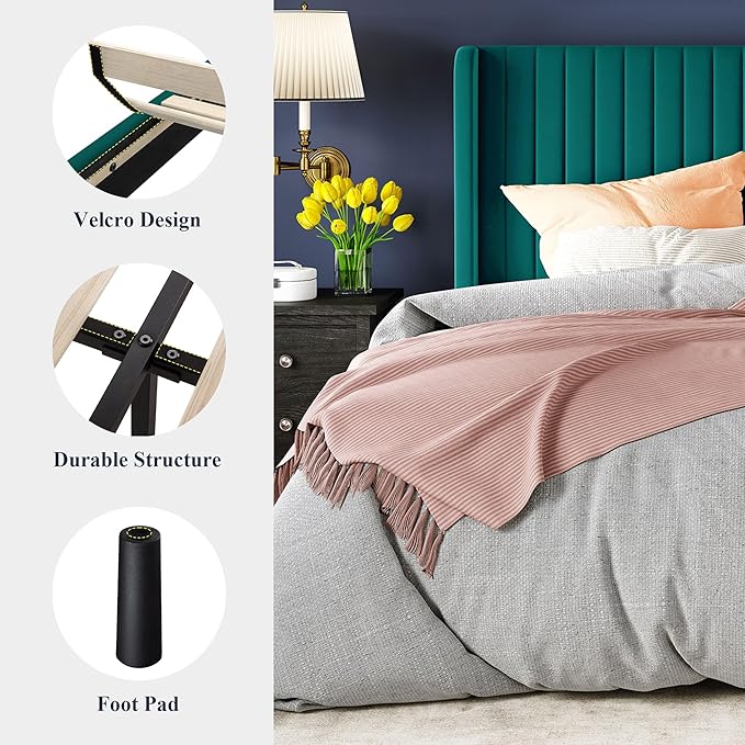 Allewie Queen Size Bed Frame/Velvet Upholstered Platform Bed/Vertical Channel