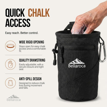 BELLAROCA® Climbing Chalk Bag with Waist Belt and Carabiner – Rigid Rim, Fleece Lining and Anti-Spill Drawstring Chalk Pouch for Rock Climbing and Bouldering