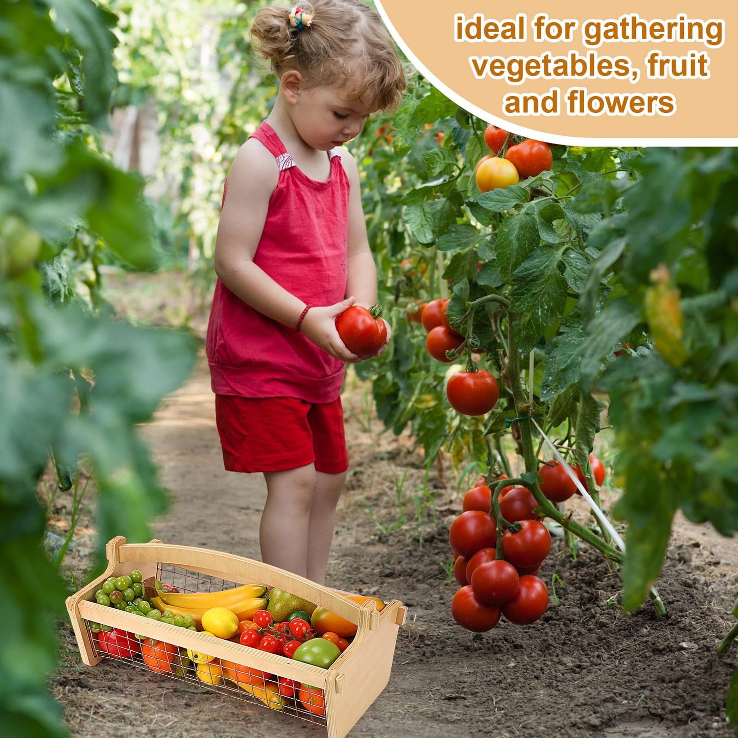Teenyyou Large Garden Hod Harvest Basket 19 x 11 x 6 Inch, Wooden Gathering Basket with Handle Wire Mesh for Gardening Christmas Gardener Gifts Outdoor Picking Washing Holding Fruits Vegetables