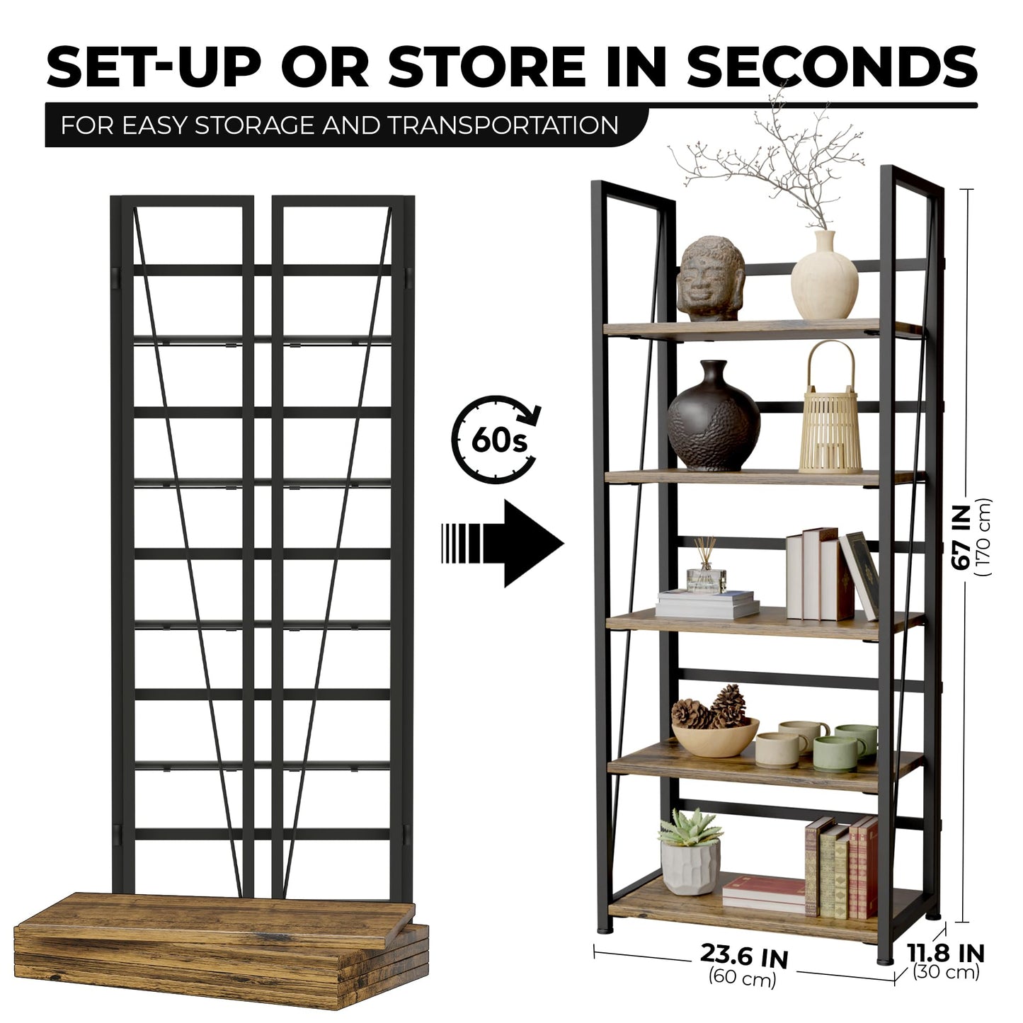 5 Tier Wood Book Shelf Organizer, No Assembly Bookshelf for Bedroom Living Room Office, Rustic Foldable Book Case, Tall Bookshelves, Open Book Shelves, Decorative Folding Shelf Display, Tall Bookcase