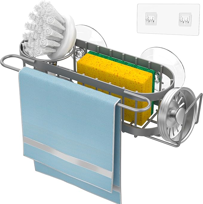 Cisily Grey Kitchen Sink Caddy Sponge Holder in the Sink, Stainless Steel