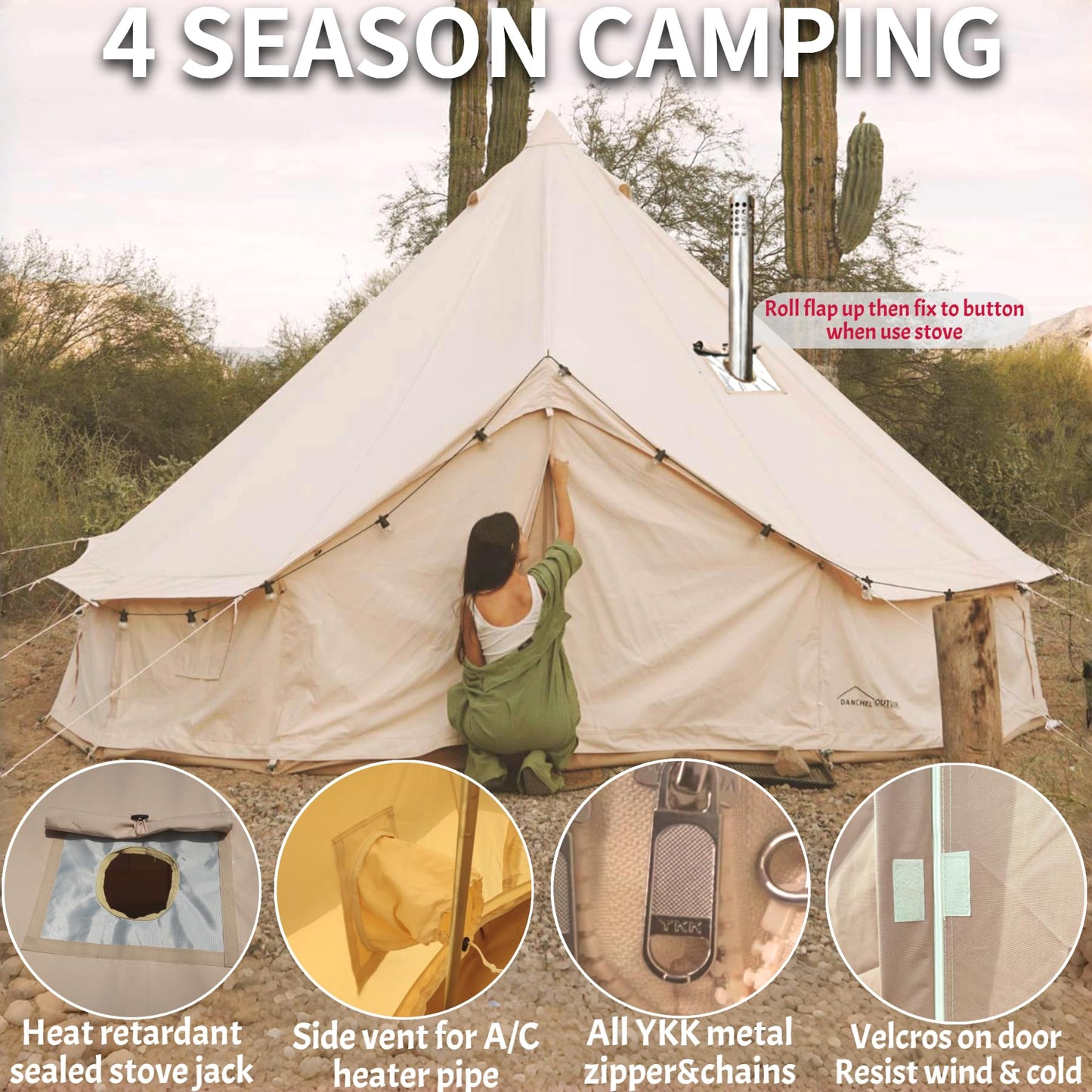 DANCHEL OUTDOOR 4 Season Canvas Yurt Tent with Large Wood Stove, Heavy Duty Bell Tent with Stove Jack 4 Person Winter Camping Glamping, 13ft/4m