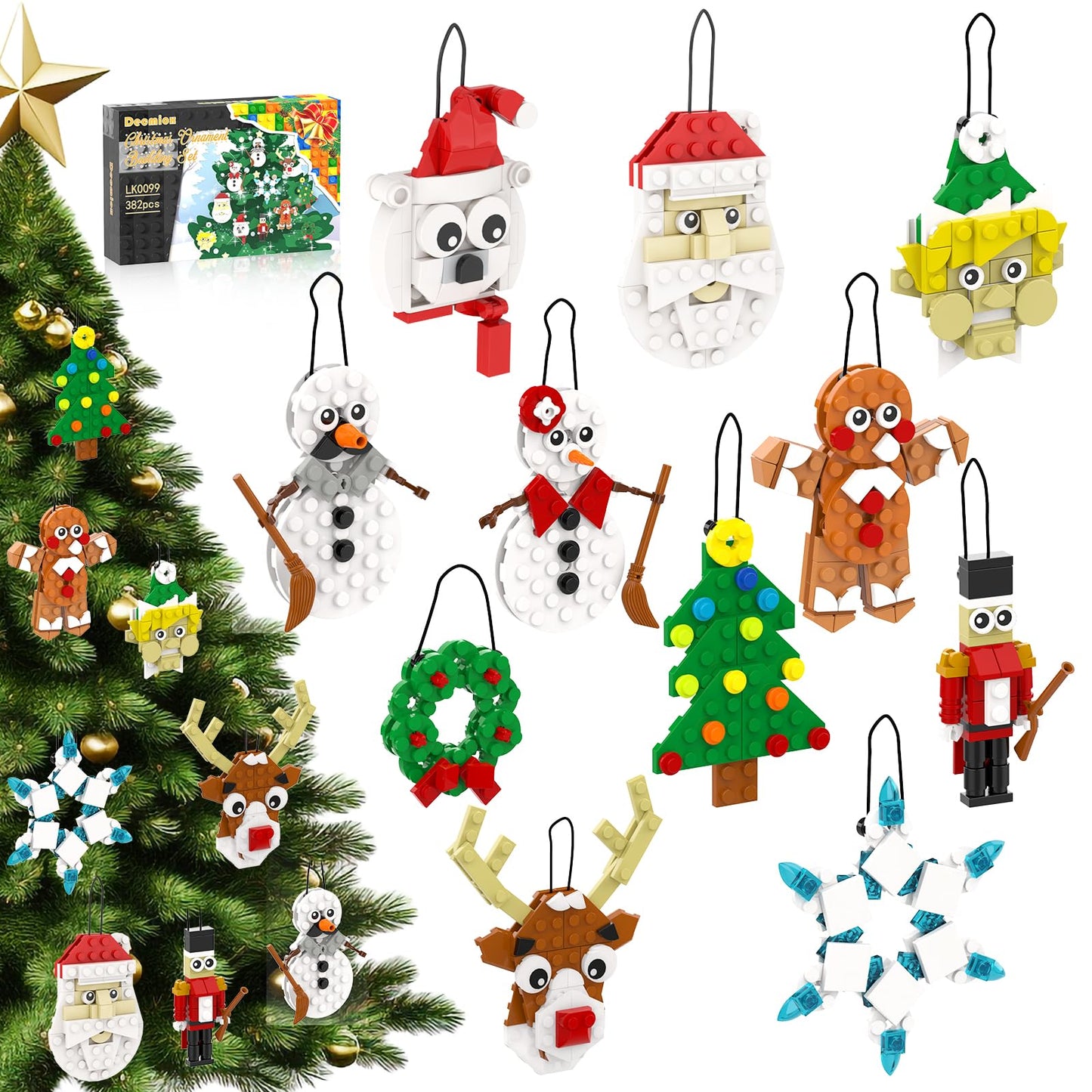 EIAVURPE Christmas Ornaments Building Set, 11-in-1 Christmas Tree, Wreath, Nutcracker, Gingerbread, Polar Bear, Snowflake, Reindeer, Santa, Stocking Stuffers Toy Gifts for Boys Girls Kids Ages 6+.