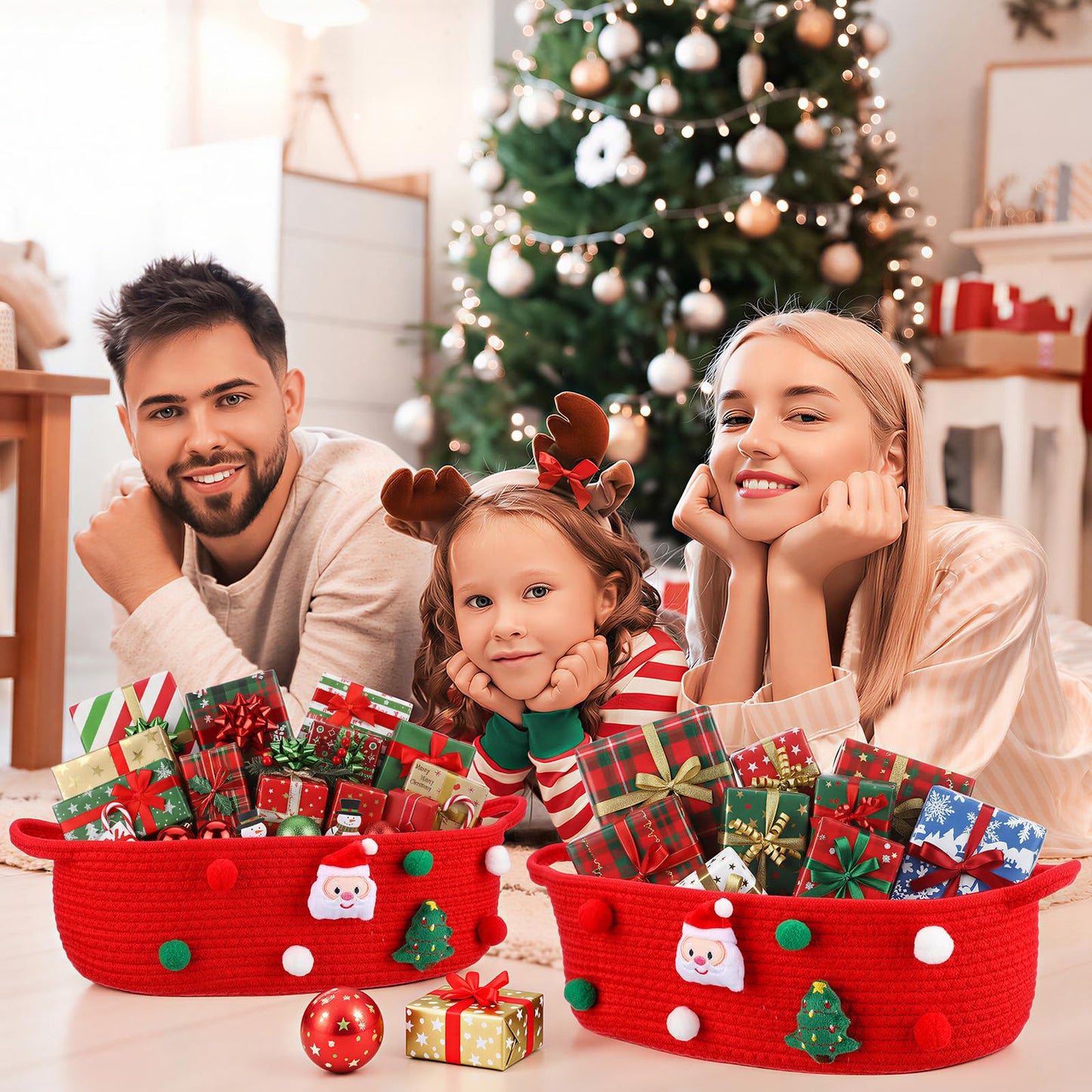 FoldTier 3 Pack Christmas Gift Basket Empty 15 x 9.9 x 5.1 Inch Santa Red Christmas Storage Bin with Handles, Woven Cotton Rope Basket for Gifts Holiday Treats Party Supplies, Home Xmas Decorations