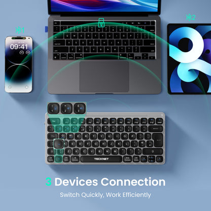 TECKNET Bluetooth Wireless Keyboard - Small Compact Rechargeable 2.4GHz USB Keyboard with 500mAh Battery Capacity for 3 Devices, Widely Compatible with Laptop, PC, UK Layout, Grey
