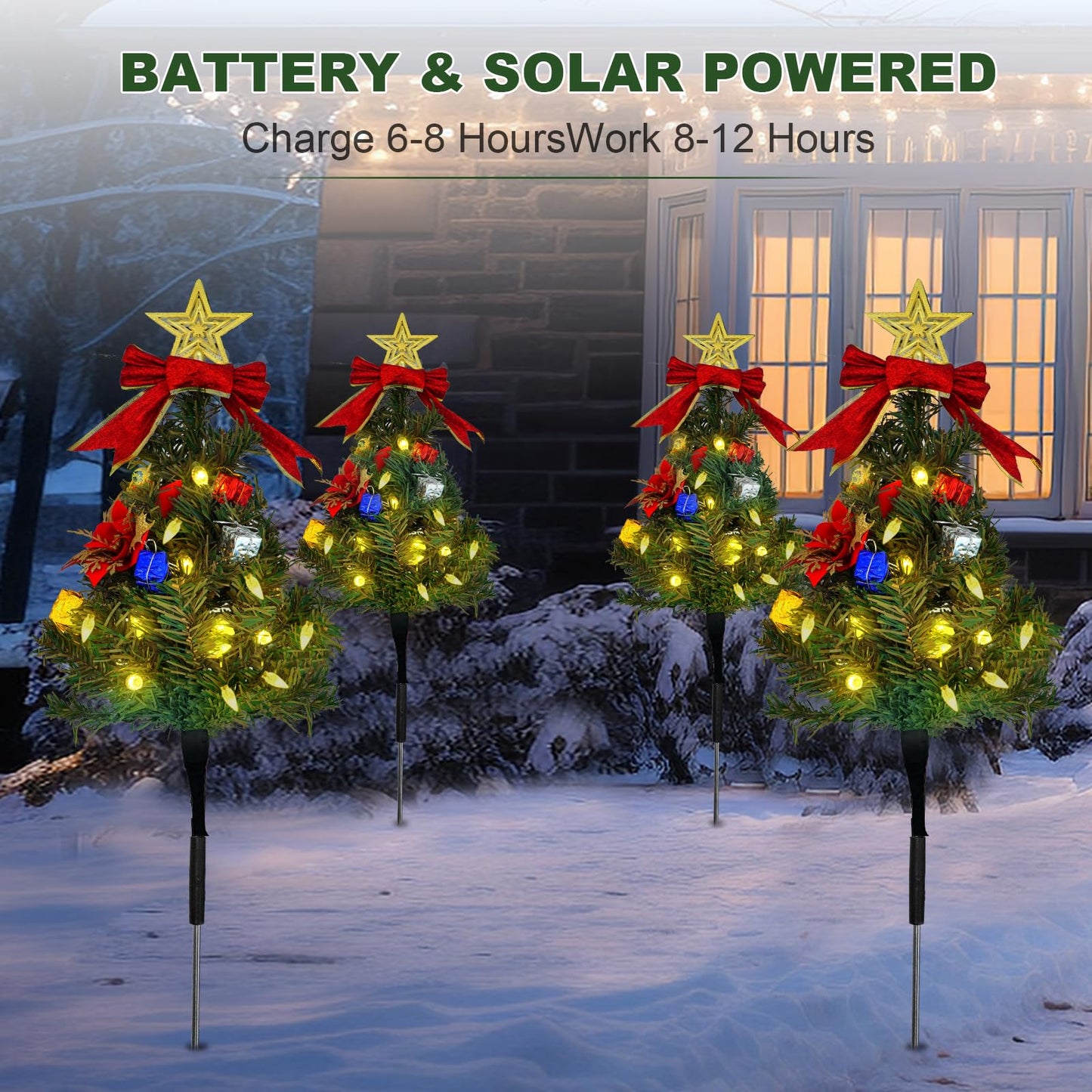 Tngan Solar Christmas Tree Pathway Lights Outdoor, Set of 4 Solar Christmas Tree Stake Lights, 80 Outdoor LEDs Xmas Decor, Christmas Decor DIY Xmas Tree Gift (Warm White)