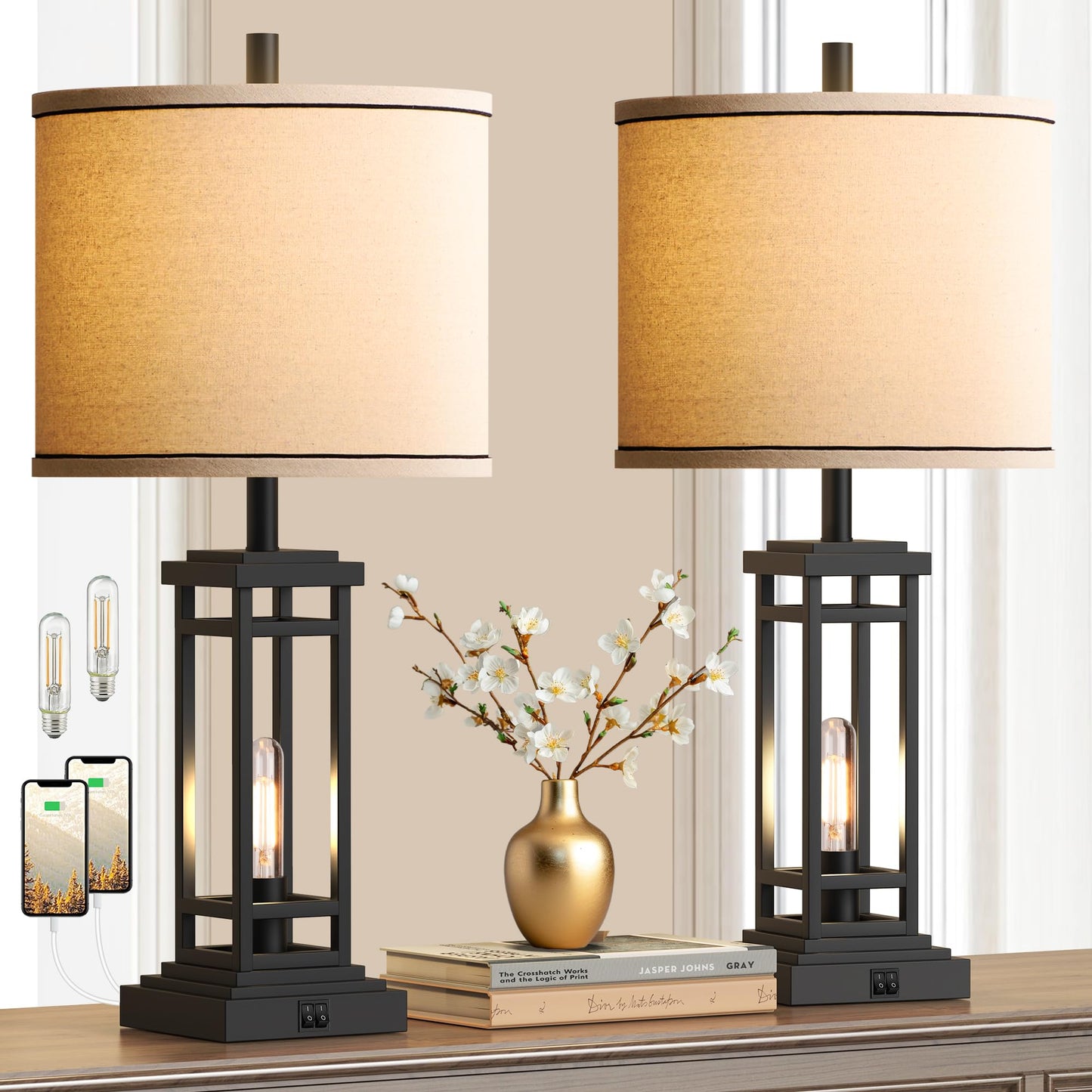 ROTTOGOON 27.5 Tall Farmhouse Table Lamps with USB C + USB A Charge Ports, Rustic Living Room Lamps Set of 2, Black Industrial End Table Lamp for Bedroom Living Room Nightstand (Black)