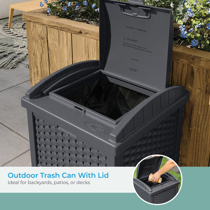 Suncast 33 Gallon Wicker-Style Hideaway Trash Can with Secure Latching Lid and Weather-Resistant Construction for Patio, Cyberspace Grey, Made in the USA