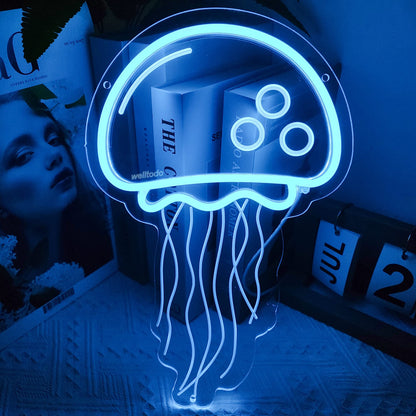 welltodo Jellyfish Neon Signs,Cool Ice Blue Neon Sign for Wall Décor, LED Neon Light Sign for Girls Bedroom Ocean Display Room,Kids Birthday Gift, Wedding Party, Holiday Decoration Powered by USB