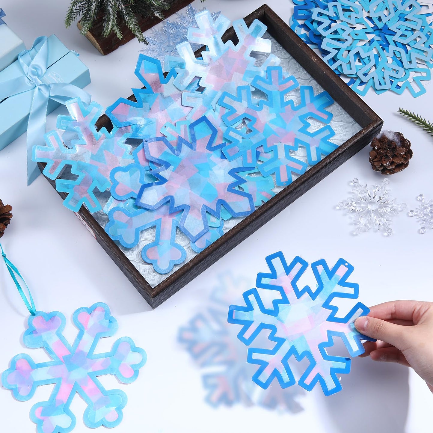Motipuns 32 Pcs Winter Snowflake Suncatcher Ornament Craft Kit with Blue Ribbon, Christmas Window Art Decoration DIY Ornament Set for Adults Winter Activity