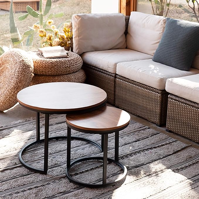 aboxoo Coffee Table Nesting Side Round Set of 2 End Table Top Sturdy Metal