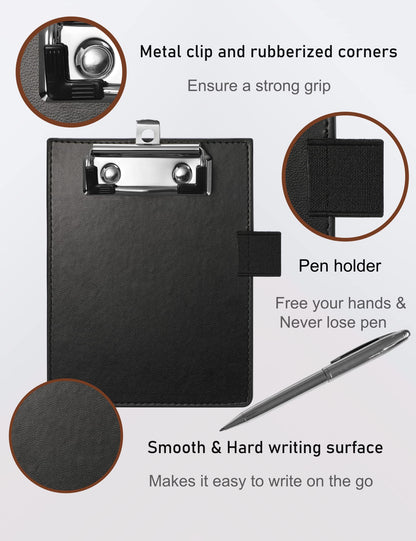 Dyowe Mini Clipboards 4"x6", Small Clipboards with Pen Holder, Faux Leather Memo Pocket Clipboard for Receipts & Small Notepads, Perfect for Teachers Kids Nurses Police Golfers Drivers(Black)