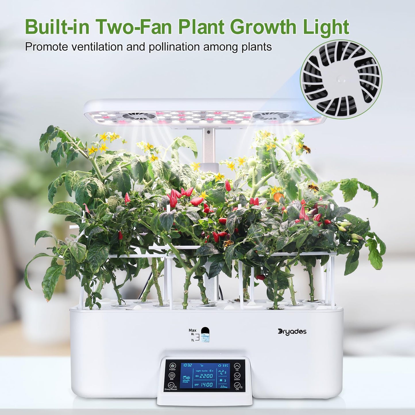 DRYADES 17-Pods Hydroponic Growing System with Dual Fans 24W Full-Spectrum Grow Light & Smart Control Panel for Indoor Gardening for Vegetables Herbs