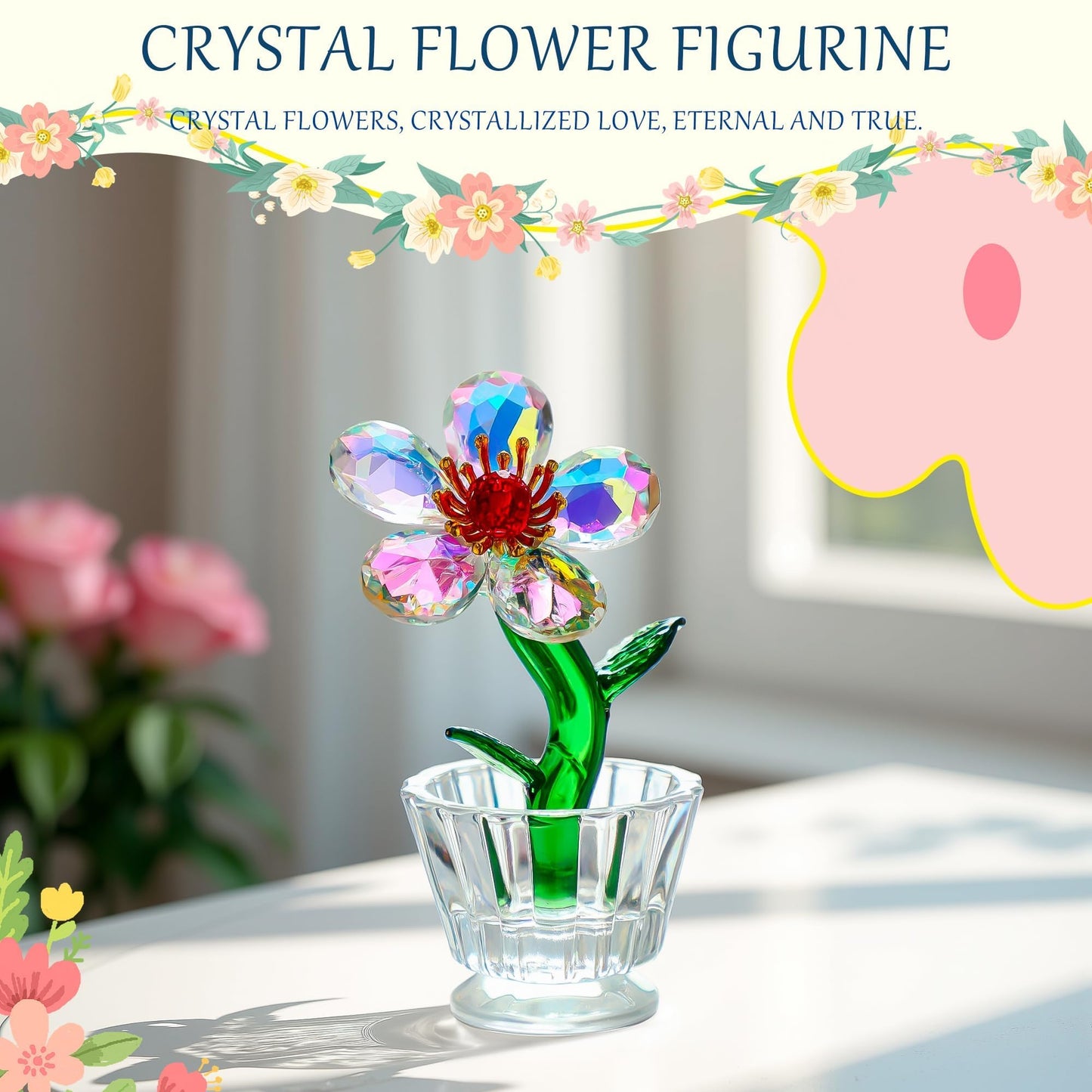 KRISININE Crystal Peach Blossom Mini Ornament Figurine 2.9 * 1.5in Glass Flower Decoration for Home Office for Mom