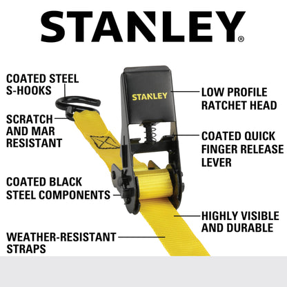 STANLEY S9500 Black/Yellow 1" x 10' Ratchet Straps - Light Cargo (300 lb Working Load / 900 lb Break Strength), 4 Pack