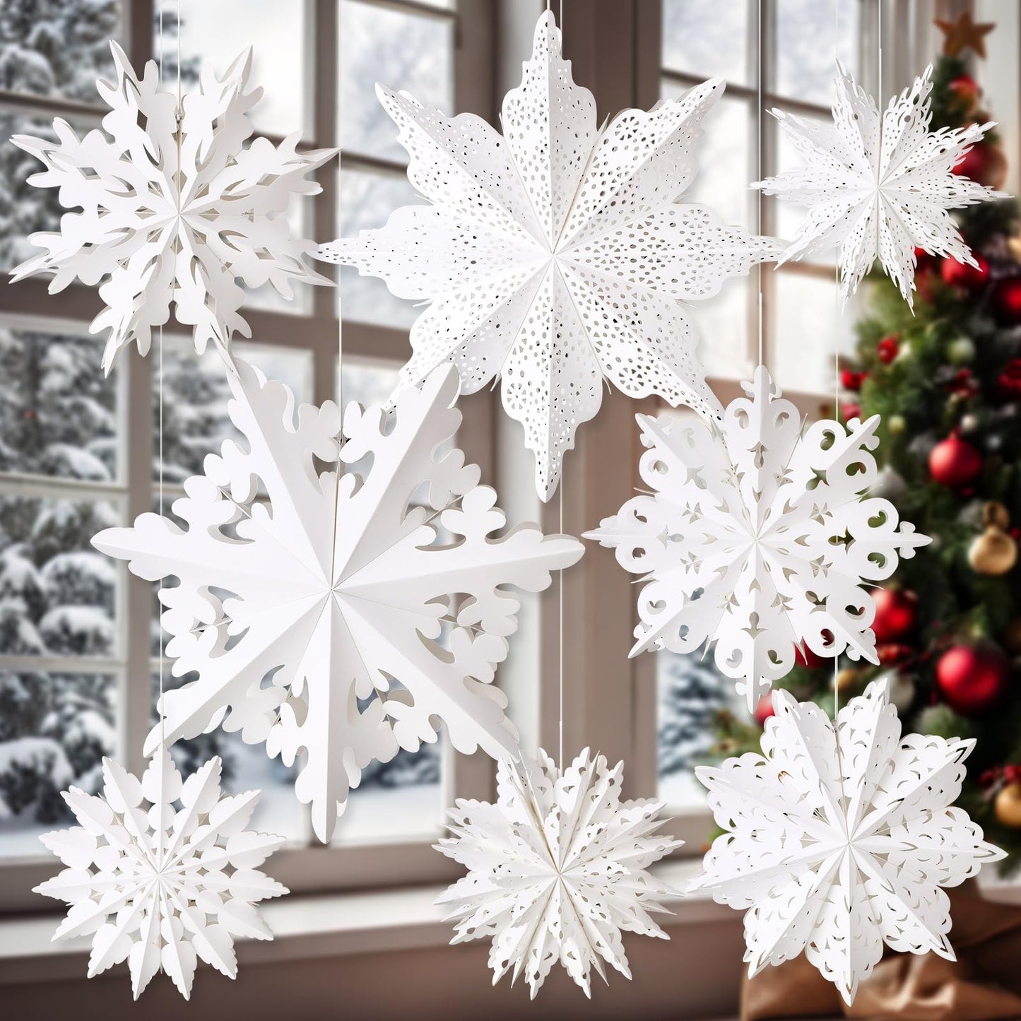 Epakh 8 Pcs Christmas Paper Star Lantern 3D Large Christmas Paper Snowflake Lanterns White Hanging Lamp Ornaments for Xmas Tree New Year Holiday Party Decorations