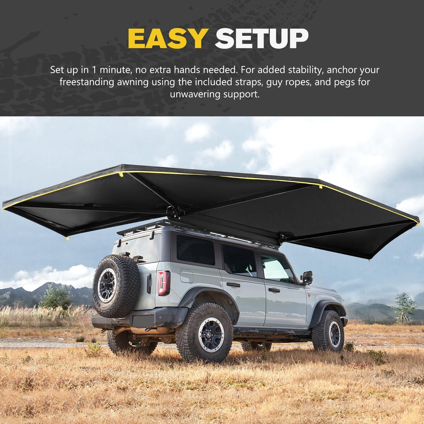 BUNKER INDUST 270 Degree Awning Free Standing, Vehicle Overland Awning Built-in LED Light - Three Colors, Car Passenger Side, Waterproof Wind Resistant for SUV Van Truck Camper