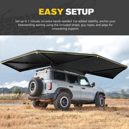 BUNKER INDUST 270 Degree Awning Free Standing, Vehicle Overland Awning Built-in LED Light - Three Colors, Car Passenger Side, Waterproof Wind Resistant for SUV Van Truck Camper