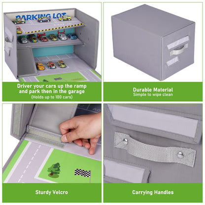 Livememory Toy Car Storage Box - Toy Garage Box for Boys with Car Rug Play Mat (Not Included Cars)