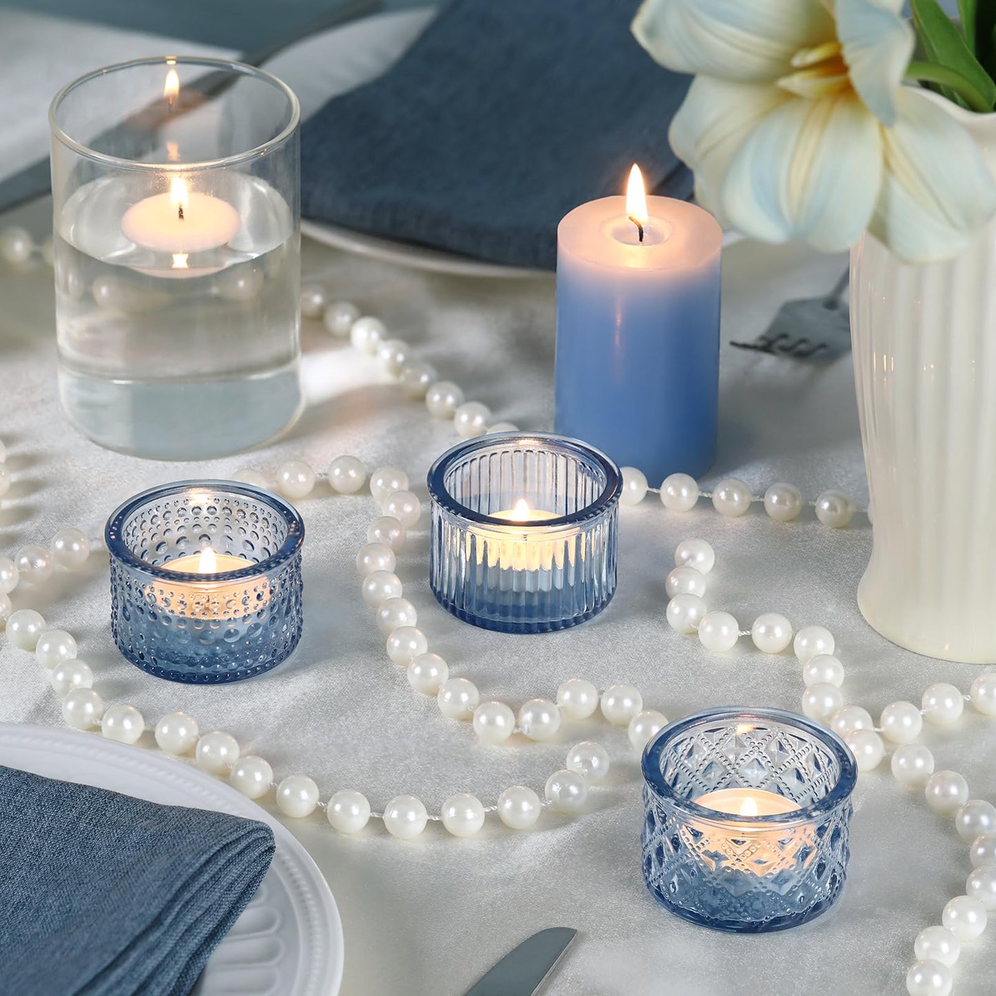 Lanttu 15 Pcs Glass Blue Tealight Candle Holders 2.17"x1.38"