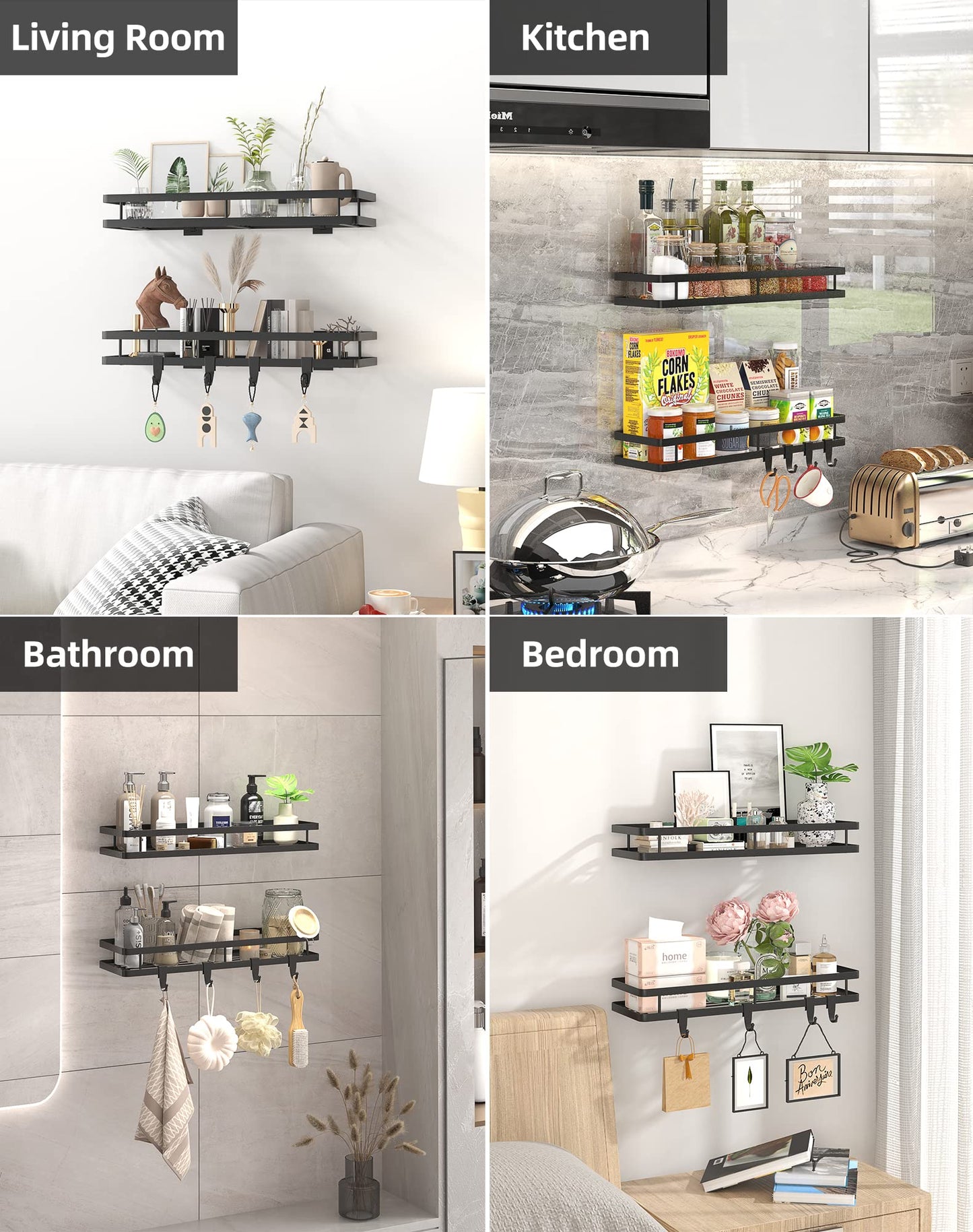 Spice Rack Organizer Wall Mount - 15.7in 2Pack [Upgraded Version] Hanging Seasoning Organizer Shelf with Paper Towel Holder, Storage for Cabinet or Wall Mounted with 4 Strong Hooks (Simple black)