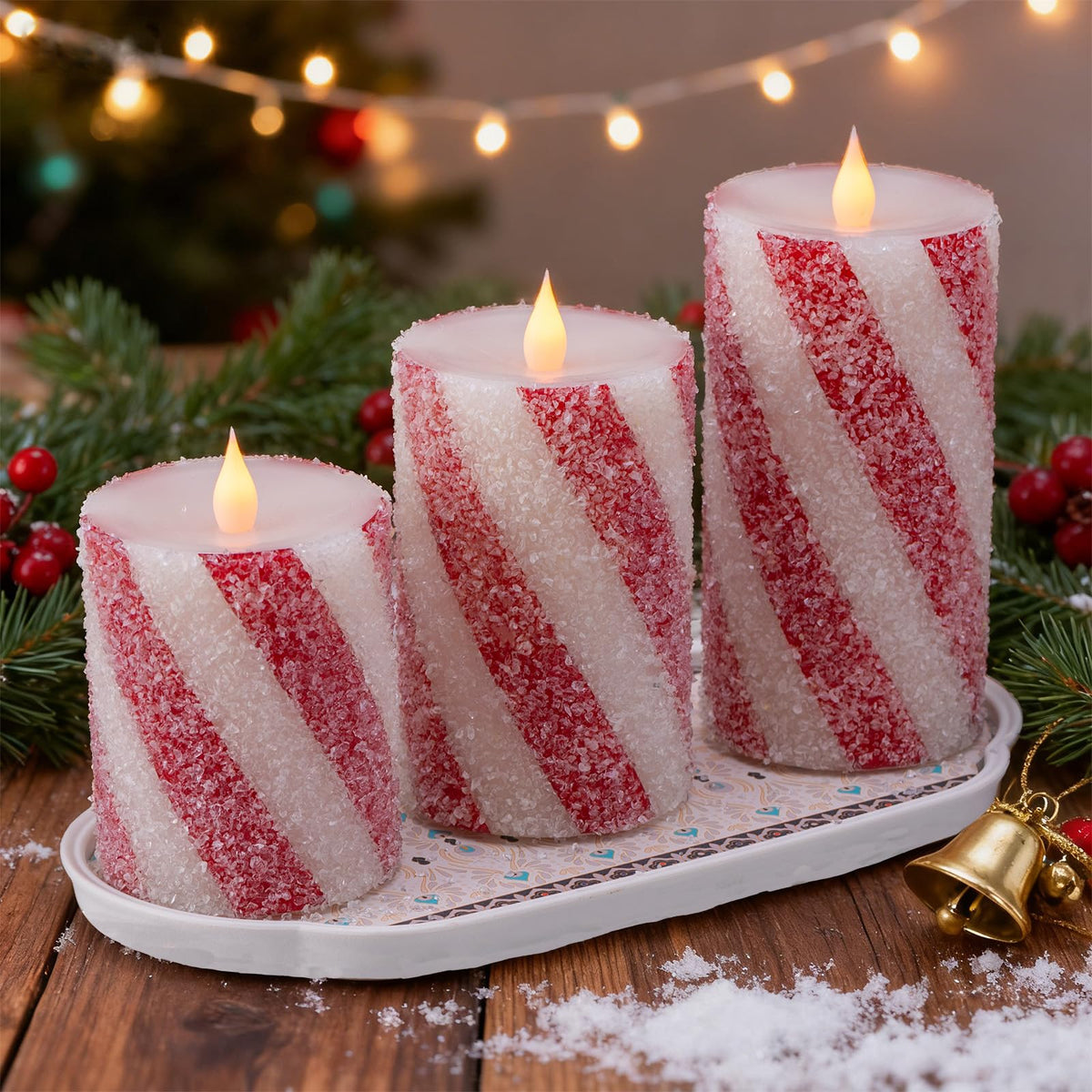3 Pcs Christmas Candy Cane Stripe Flameless Candles, Real Wax Red &White Glitter Striped LED Pillar Candles with Battery Operated Flickering Flame for Xmas Party, Wedding, Home Decoration D3 x H4"5"6"