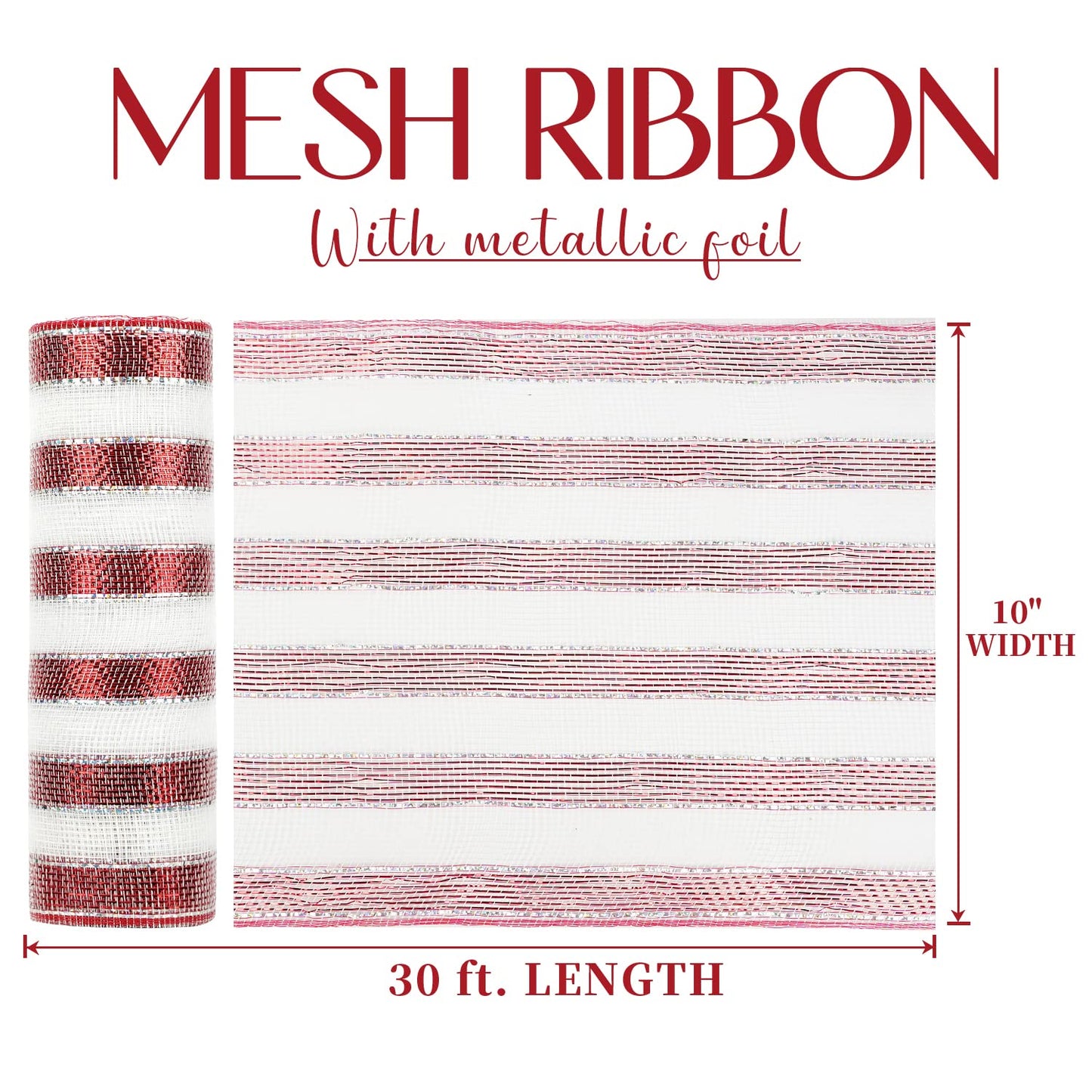 MEEDEE Red and White Deco Mesh Metallic Striped Ribbon 10 Inch Candy Cane Mesh Ribbon for Christmas Tree, Garland, Staircase, Mailbox, Centerpiece, Wreaths, Decorating and Crafts (30 Feet)