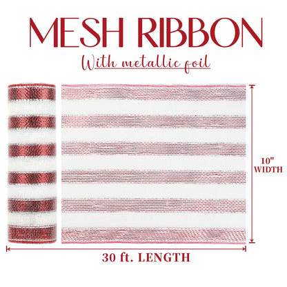 MEEDEE Red and White Deco Mesh Metallic Striped Ribbon 10 Inch Candy Cane Mesh Ribbon for Christmas Tree, Garland, Staircase, Mailbox, Centerpiece, Wreaths, Decorating and Crafts (30 Feet)