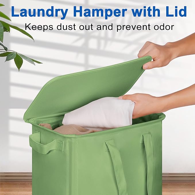 Slim Laundry Hamper with Lid and Wheels, Small Rolling Laundry Basket with