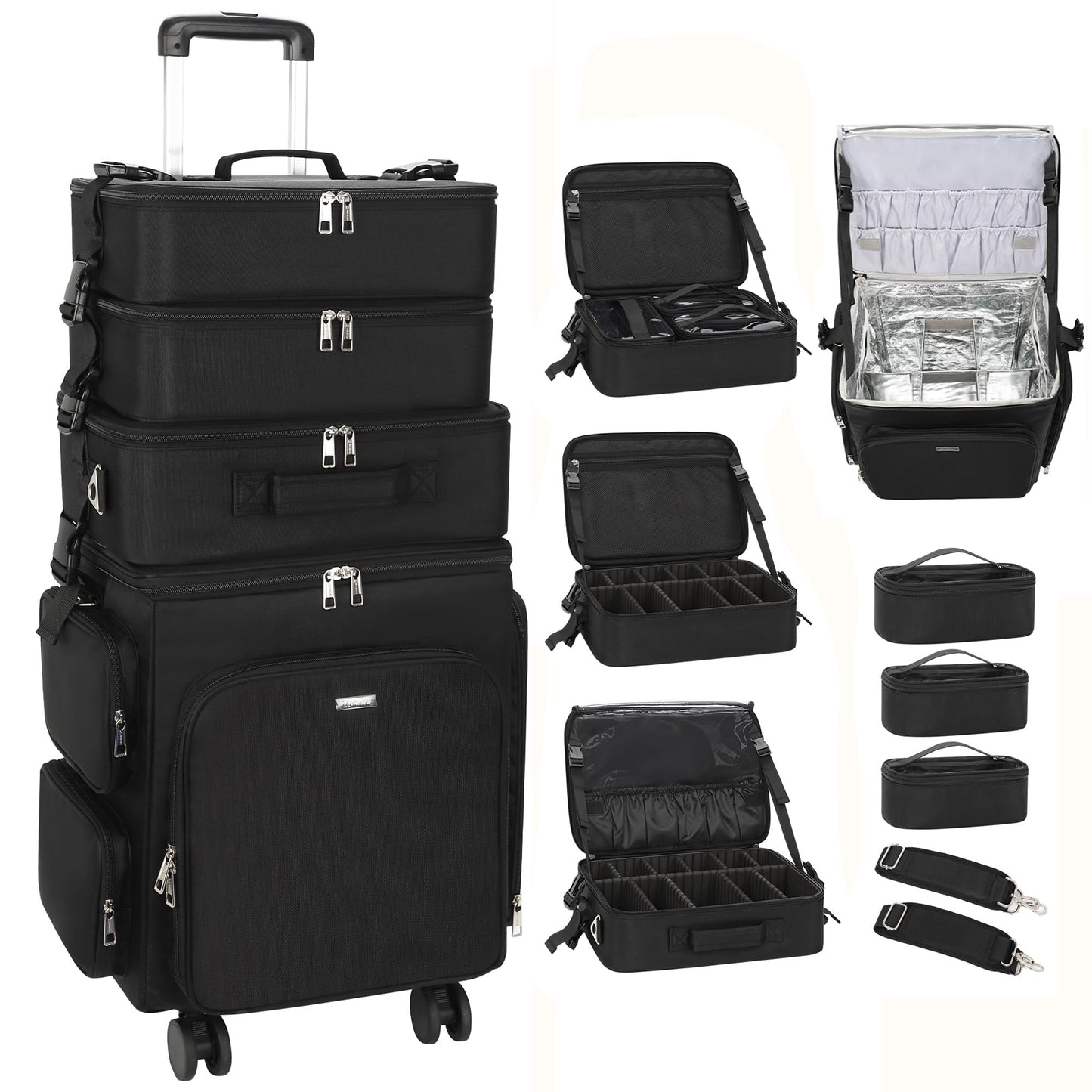 Relavel Rolling Makeup Case, 4 in 1 Hairstylist Traveling Bag Cosmetology Case on Wheels Large Hair Tools Cosmetics Train Case Makeup Artist Storage Organizer Trolley Suitcase with 360° Swivel Wheels