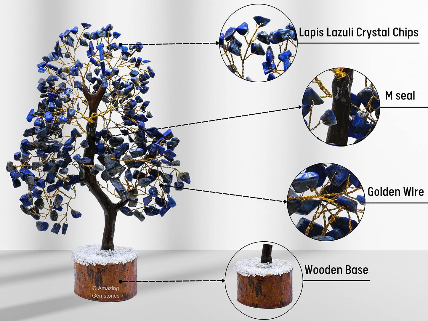 Amazing Gemstone Lapis Lazuli Natural Healing Crystal Bonsai Feng Shui Fortune Money Tree of Life for Home Office Decor, 10-12 Inch