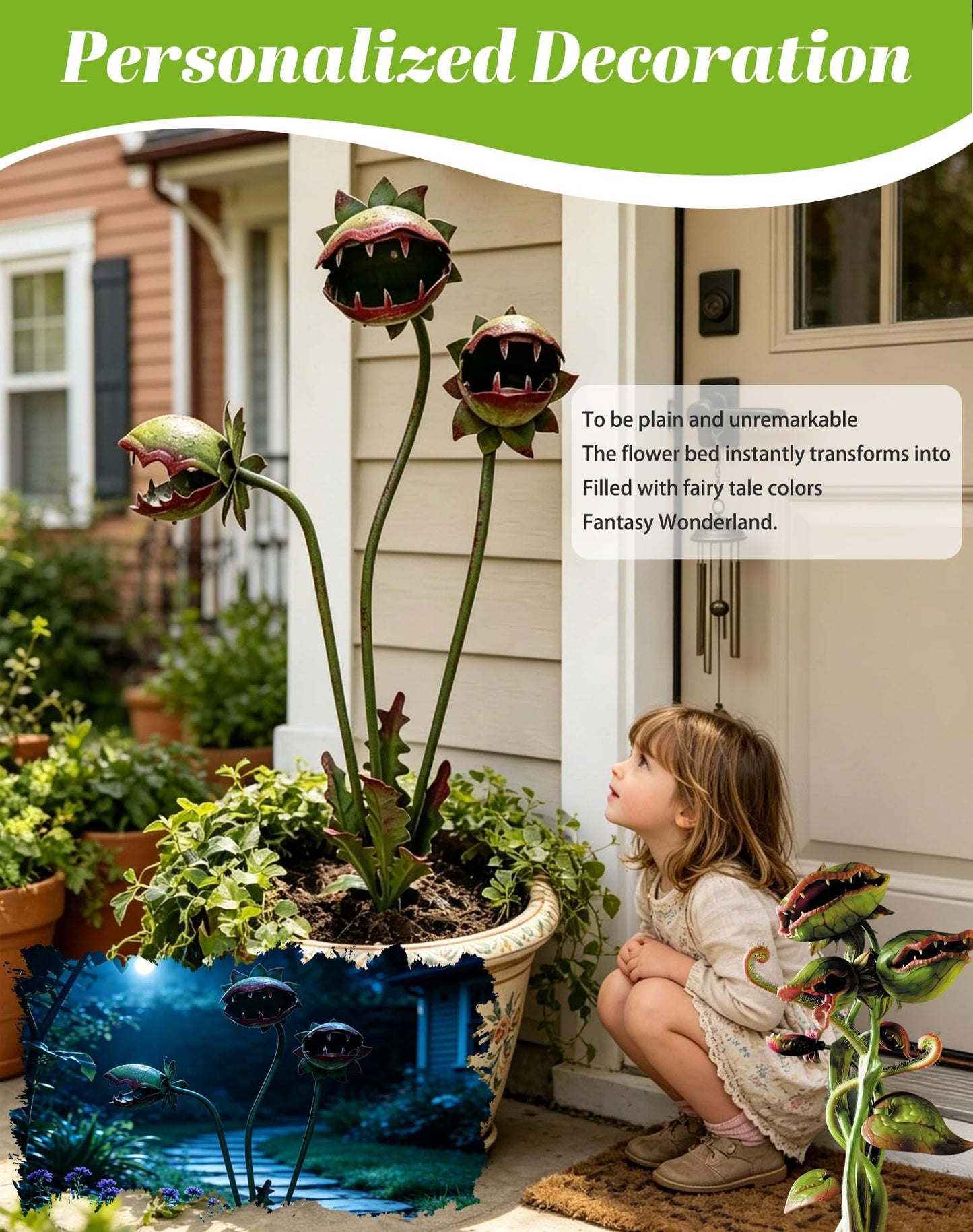 HUBAI Whimsical Metal Carnivorous Plant Garden Stake, 25-Inch Large Venus Flytrap Monster Plant Sculpture, Durable Yard Art for Flower Beds, Patios, Planters, Unique Quirky Garden Decor (Green)