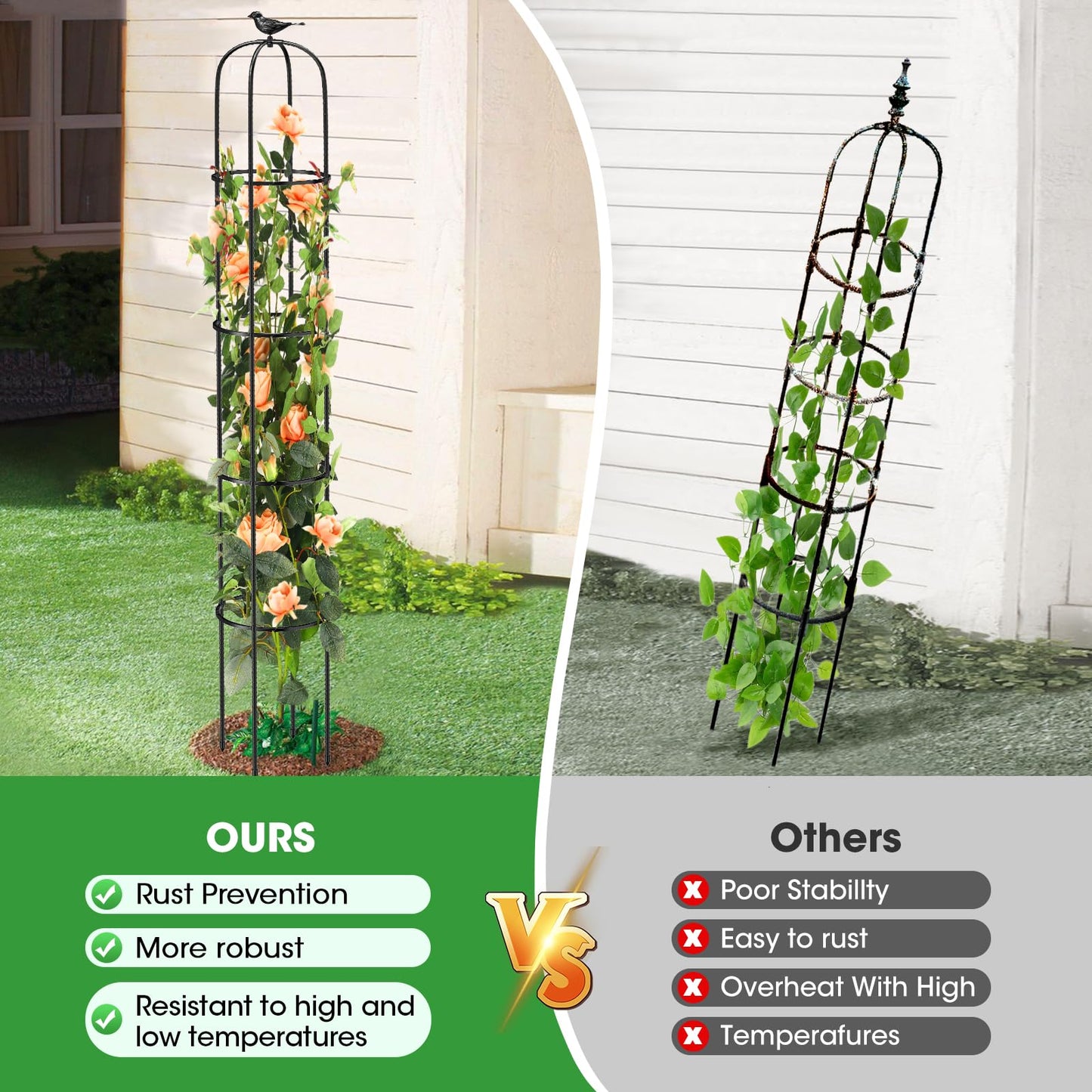 Tower Obelisk Garden Trellis for Climbing Plant，6.2FT/74.4" Rustproof Metal Potted Plant Climbing Support for Indoor Outdoor Flowers Vegetable Fruits Vines Support （1pcs）