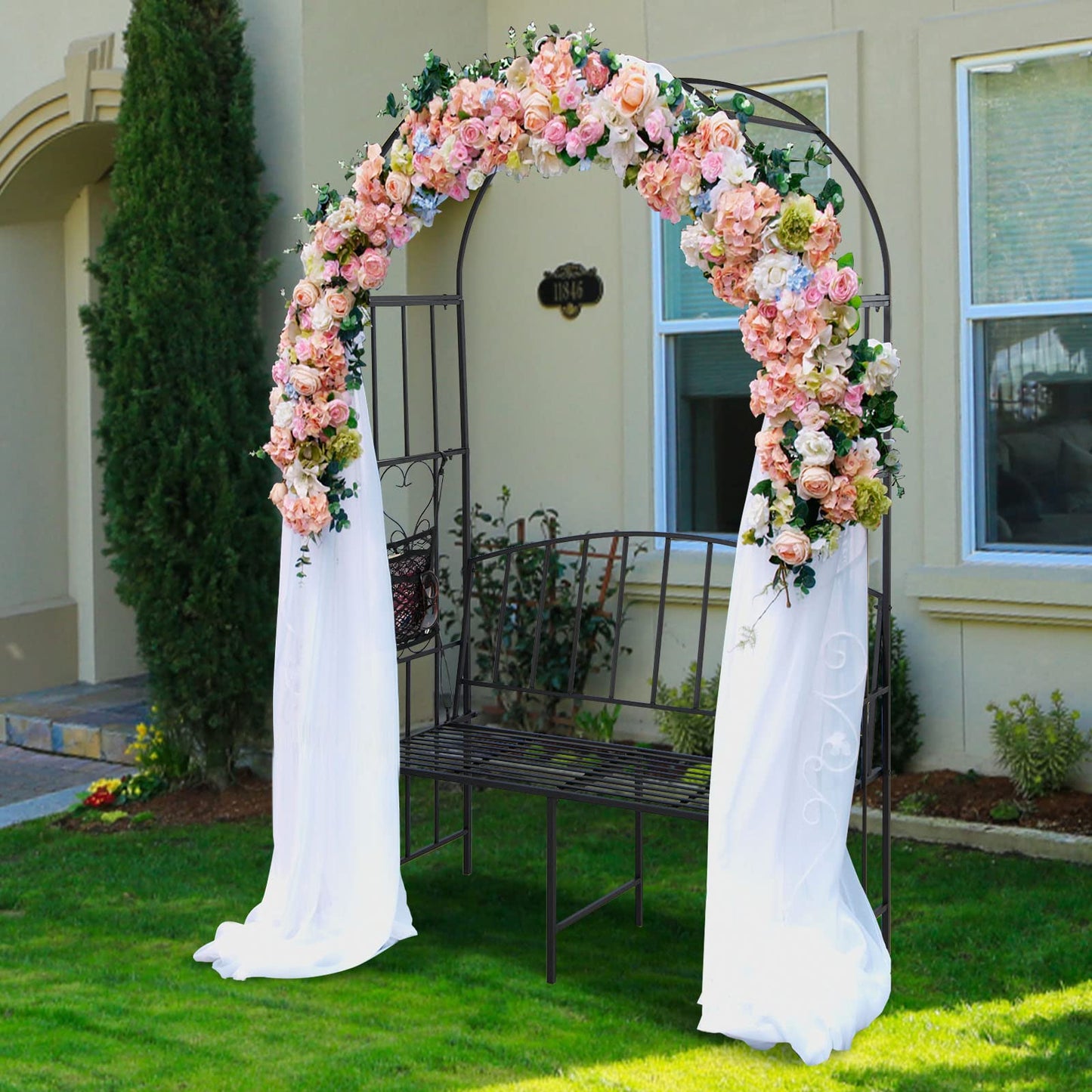 Moccha Metal Garden Arch with Bench, Outdoor Pergola Trellis Archway for Climbing Plant Roses Vines, 2-Person Garden Arbor with Seat for Backyard Weeding Party Ceremony, 81” x 45.5'' x 20'', Black