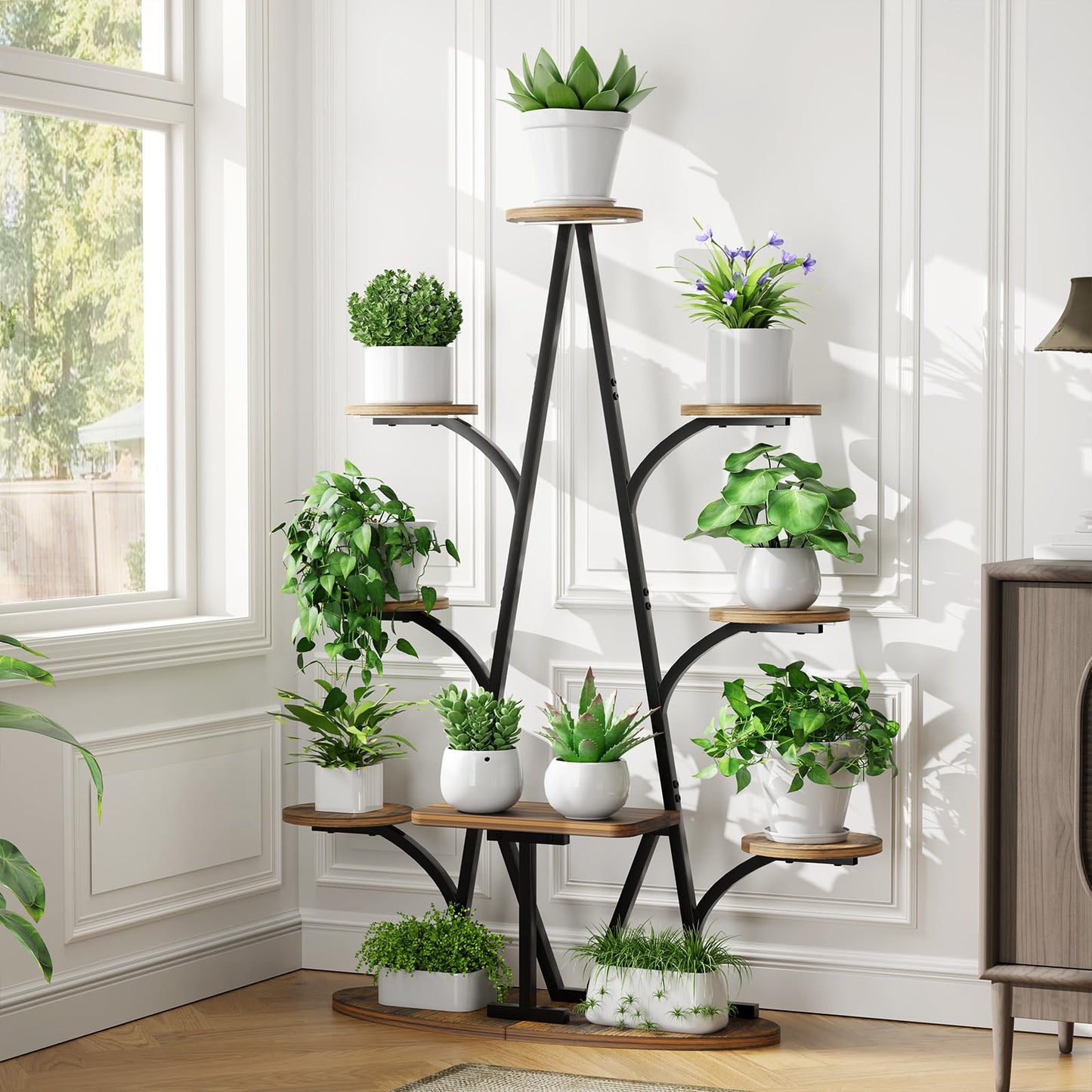 Plant Stand Indoor with Grow Lights - 51" Tall Christmas Tree-Shaped Corner Plant Shelf, 9 Tiered Metal Plant Rack with Adjustable Brightness & Timer, Sturdy Display Stand for Plants, Balcony Decor (Black)