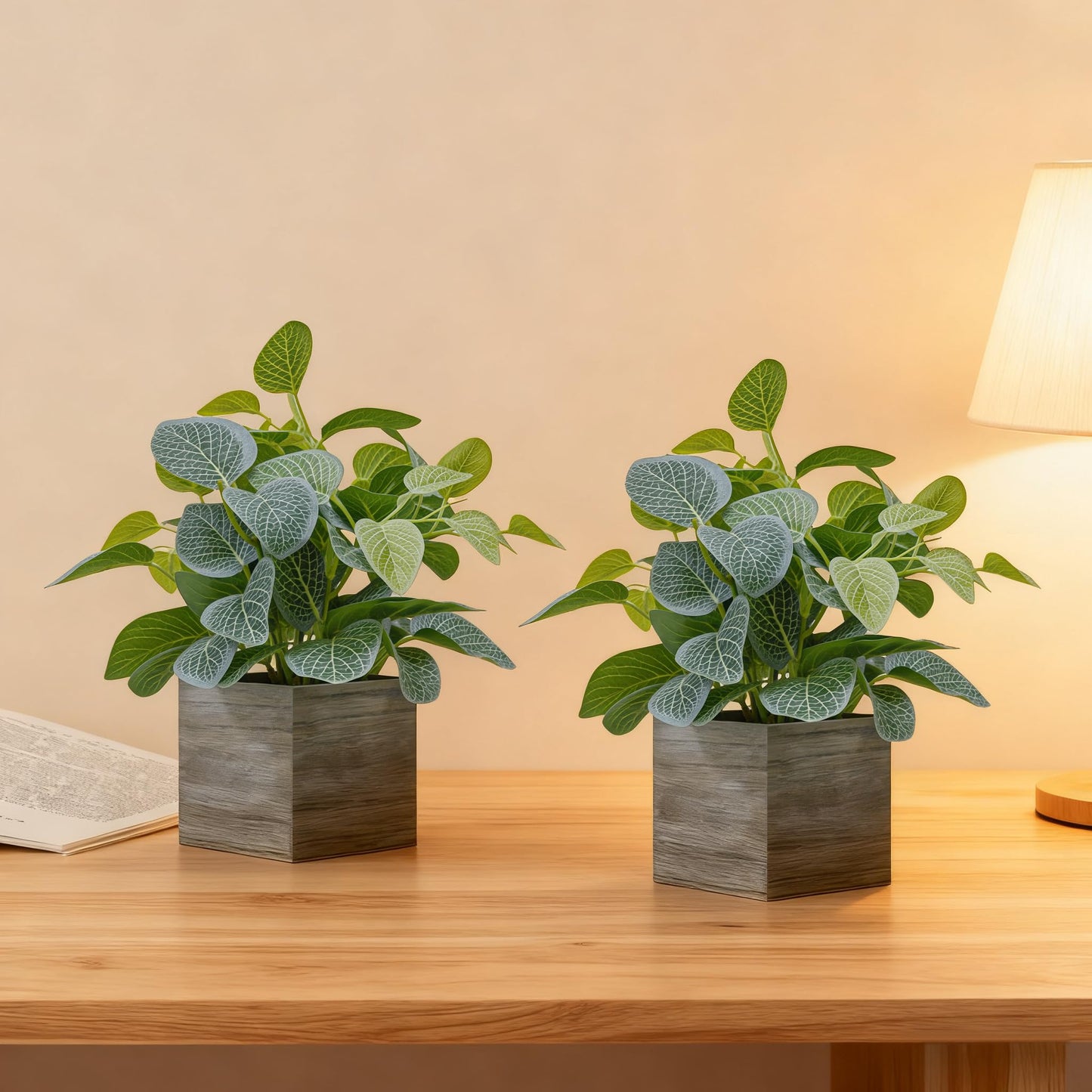 Nztze 2 Pack 12" Medium Eucalyptus Fake Plants, Artificial Plants Indoor with 4 Inch Wooden Planters, Faux Potted Plants for Home Decor, Desk, Shelves, Desktop, Coffee Table, Bedroom