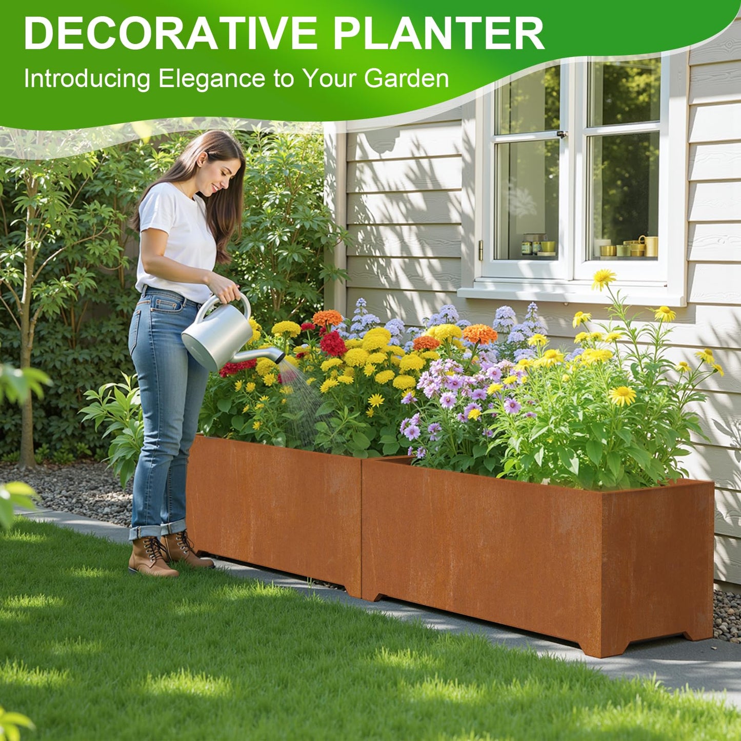Metal Planter Box, Large Outdoor Rectangle Planters with 6 Drainage Holes & Raised Bottom, Co rten Steel Planter for Patio, Garden, Porch, 36" L x 15" W x 15" H