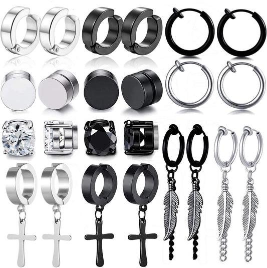 WAINIS 12 Pairs Stainless Steel Non Pierced Earrings for Men Women Magnet CZ Clip on Feather Dangle Earrings Set 8mm