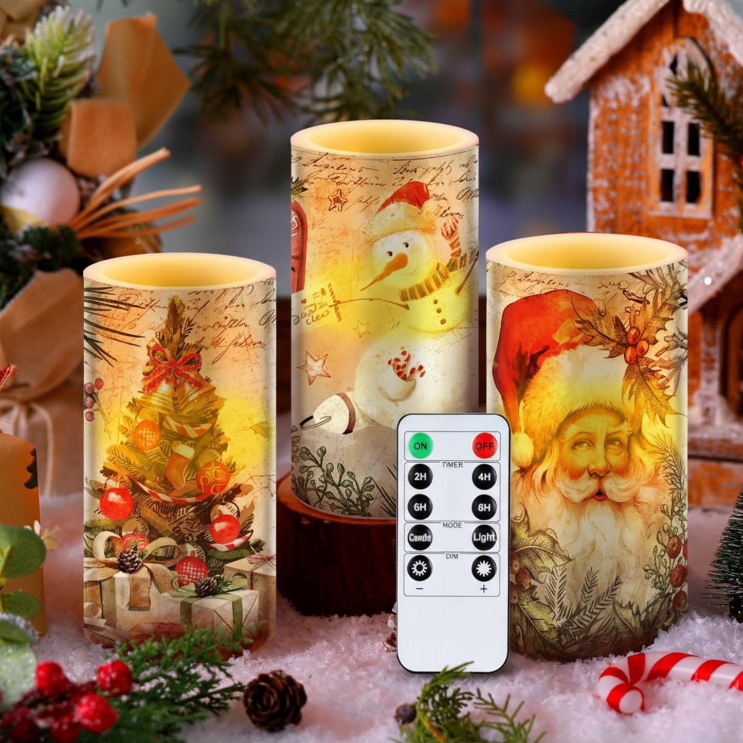Retisee 3 Pcs Christmas Flameless Candles with Remote Timer Real Wax LED Flickering Pillar Candle White Cold Light Battery Operated for Home Window Xmas Gift Winter Holiday Decor(Retro)