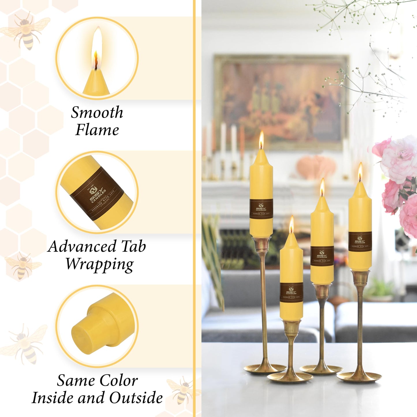 6 Inch Natural Beeswax Short Candles Set, Handmade Yellow Taper Candle Sticks Dripless Smokeless Bee Wax Candlesticks, 100% Pure Beeswax Candles for Dinner Party Home Decor Candle, 4 Pack