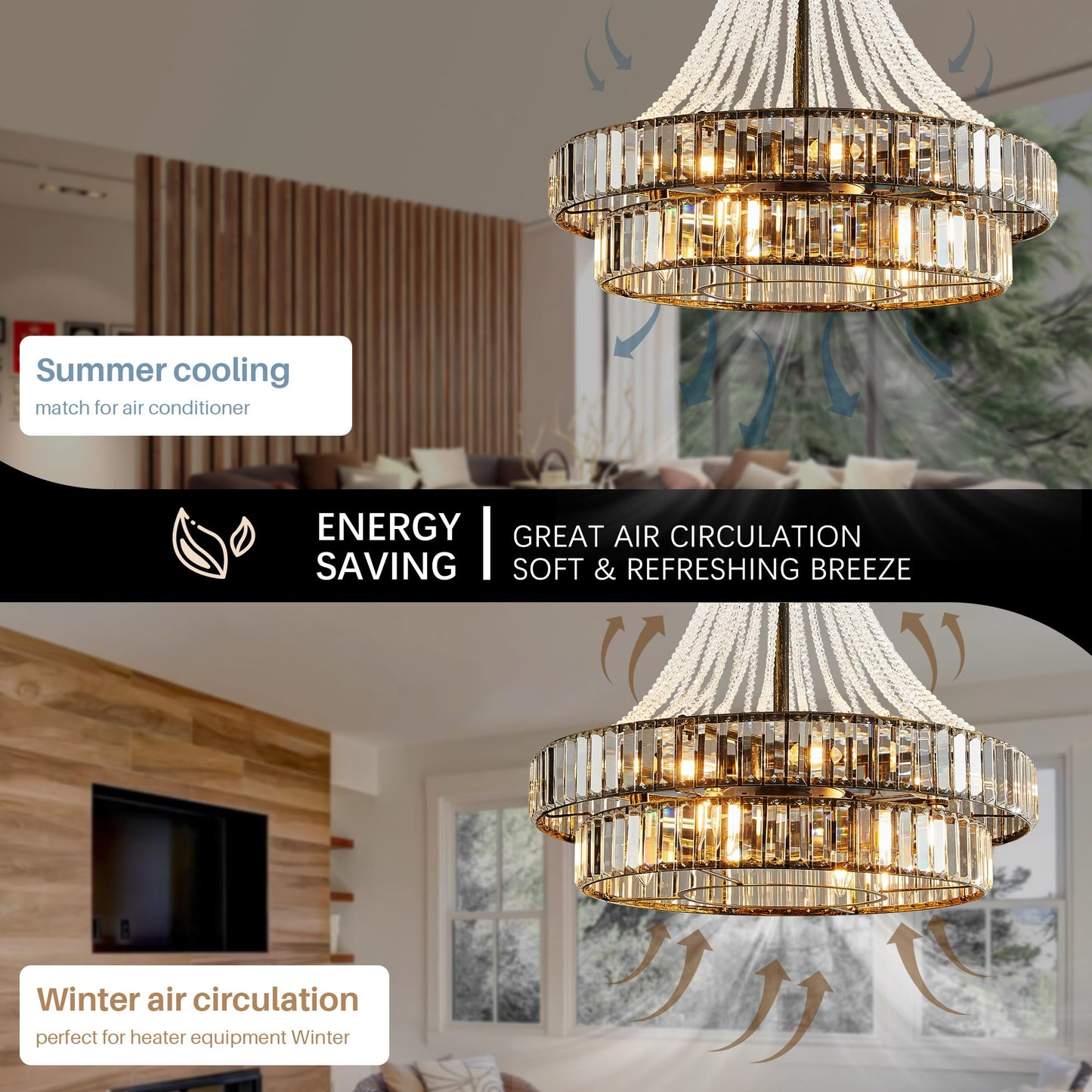 HEMLDAN 24" Modern Crystal Caged Fandelier, Smart Chandelier Fan with Remote and APP Control, Double Layer Ceiling Fan with Light for Dining Living Room Bedroom, Italian Design-Black Gold