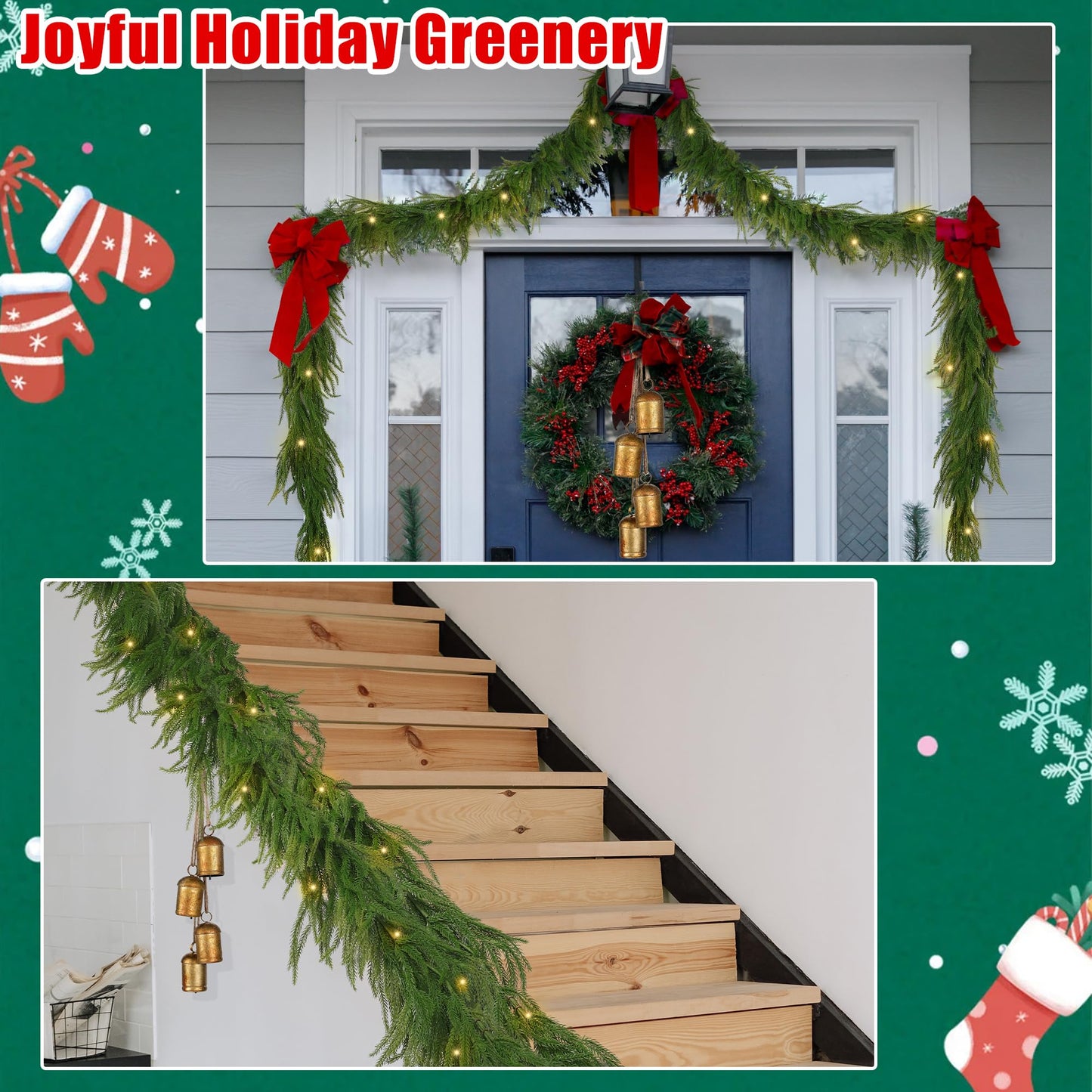 Fovths 1 Pack 9 Feet Christmas Norfolk Garlands Set Artificial Faux Greenery Garland 4 Cow Bell with Jute Hanging Rope Light String Winter Pine Garland for Xmas Indoor Holiday Decor, Green