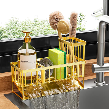Cisily Kitchen Sink Caddy Organzier with High Brush Holder, Sponge Holder for Sink, 304 Rustproof Stainless, Kitchen Countertop Soap Dispenser Organizer, Kitchen Decor and Accessories