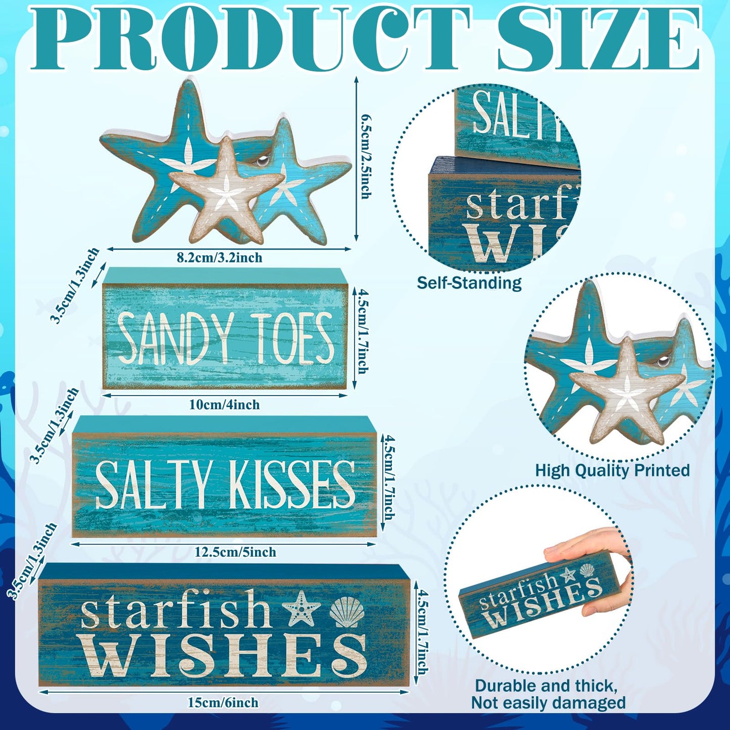 Yuntau 4 Pcs Summer Table Decorations Beach Tiered Tray Decor Starfish Coastal Rustic Wooden Block Sign Stacked Book Nautical Table Centerpiece for Farmhouse Home Living Room Office Desk Shelf Mantel
