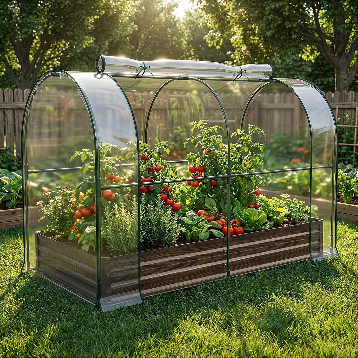 SUNYRISY Galvanized Raised Garden Bed with Greenhouse, Outdoor Metal Planter Box with Plant Bed Cover, Garden Box Protection for Gardening Vegetables Flowers Herbs Planting, Wood Grain